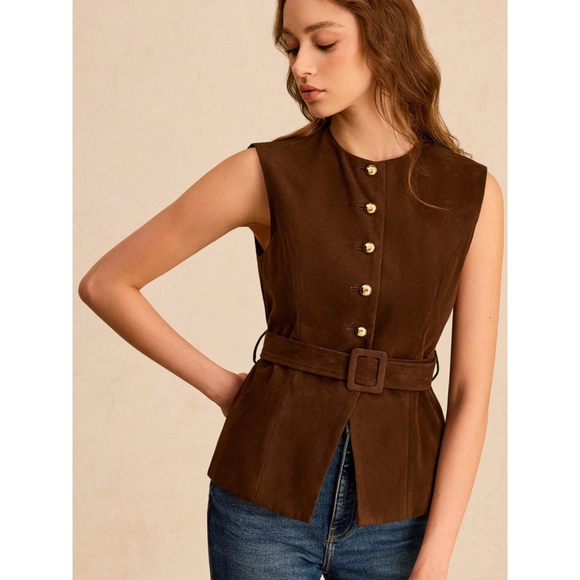 Commense Suede Effect Vest with Belt in Dark Brown - Picture 3 of 9